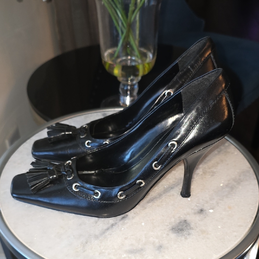 Enzo Angiolini Black Heels with Tassel and Eyelet Detail